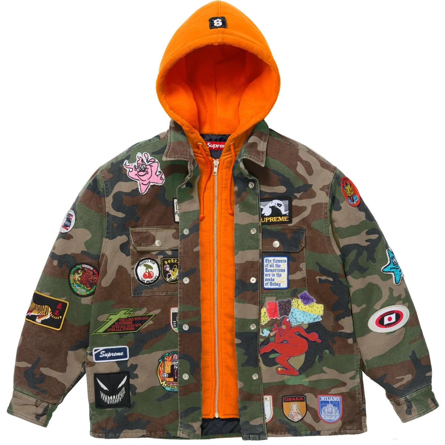 Supreme Patches Hooded Zip Up Shirt Woodland Camo