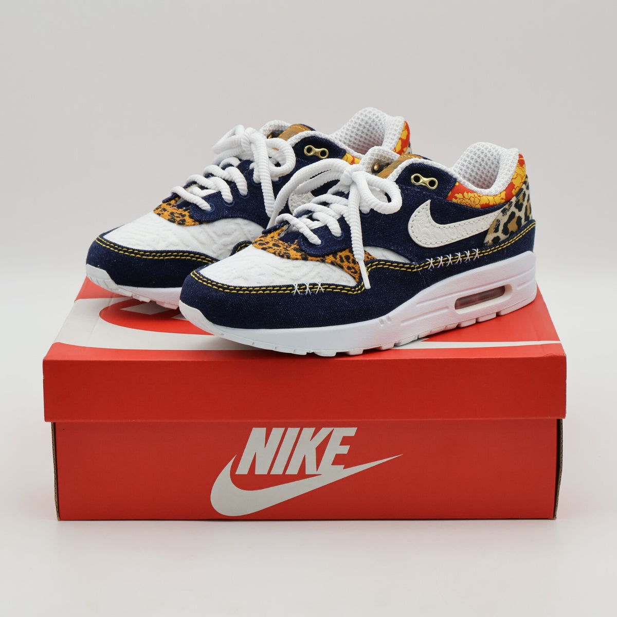 FJ4452-432 Nike Air Max 1 PRM Washed Dark Blue Denim Leopard Navy Gold (Men's)