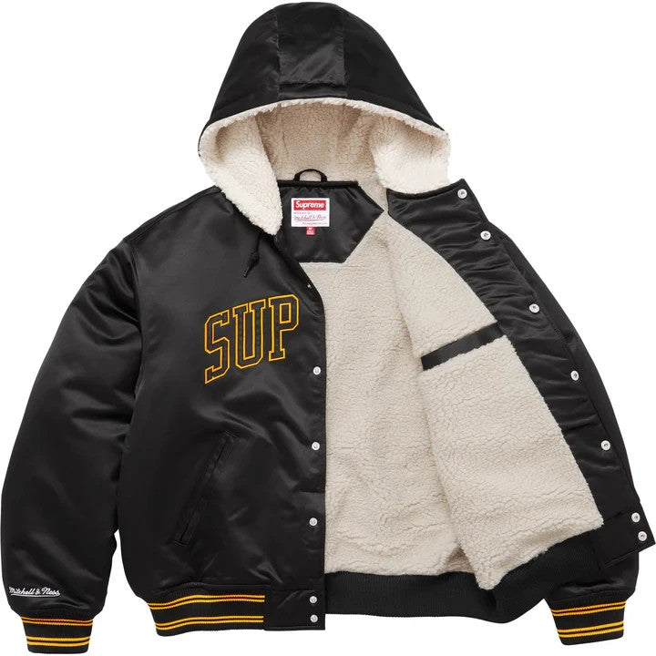 Supreme Mitchell Ness Lined Hooded Satin Varsity Jacket Black