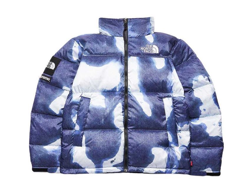 Supreme The North Face Bleached Denim Print Nuptse Jacket Indigo