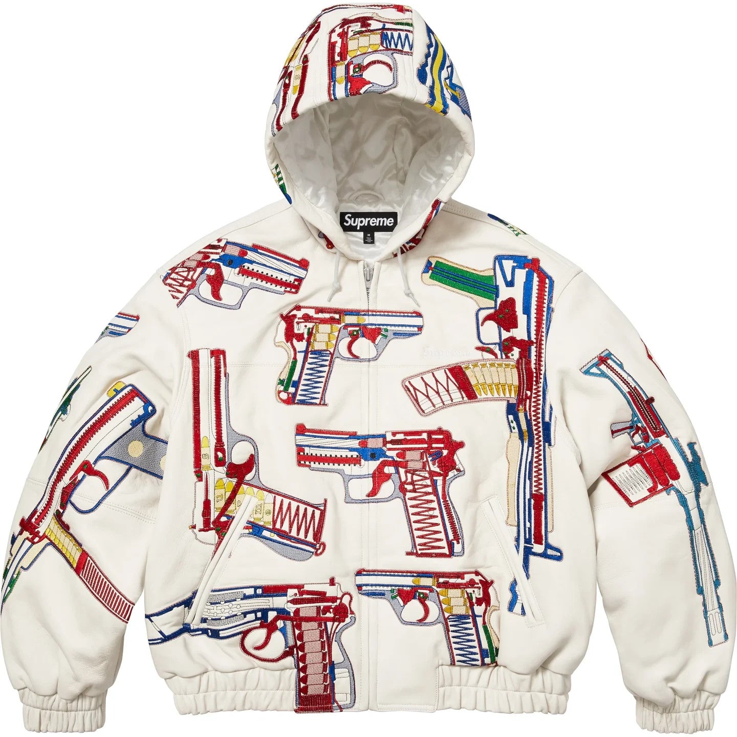 Supreme Guns Embroidered Hooded Leather Jacket White