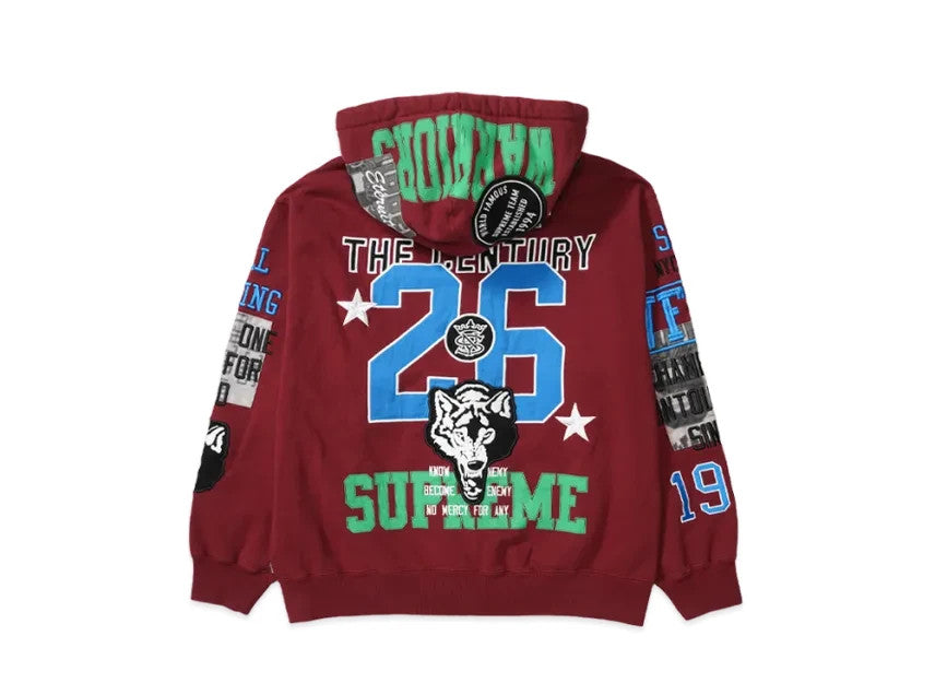Supreme Warriors Appliqué Zip Up Hooded Sweatshirt "Cardinal"