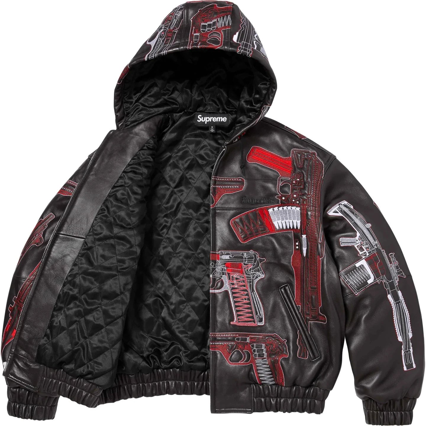 Supreme Guns Embroidered Hooded Leather Jacket Black