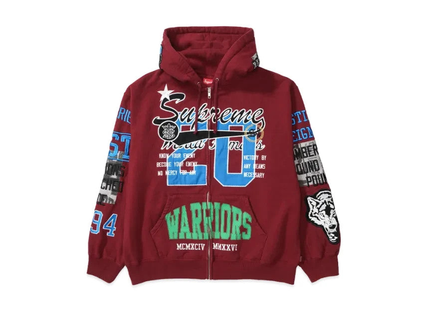Supreme Warriors Appliqué Zip Up Hooded Sweatshirt "Cardinal"