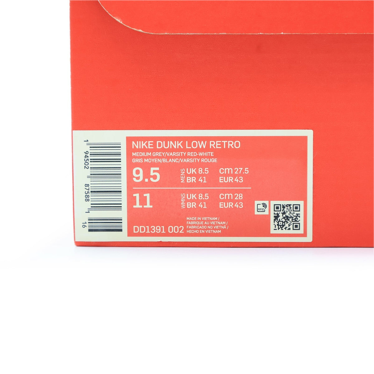 DD1391-002 Nike Dunk Low Retro UNLV Varsity Red Medium Grey White Orange (Men's)
