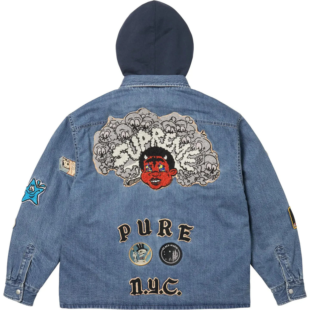 Supreme Patches Hooded Zip Up Shirt Denim