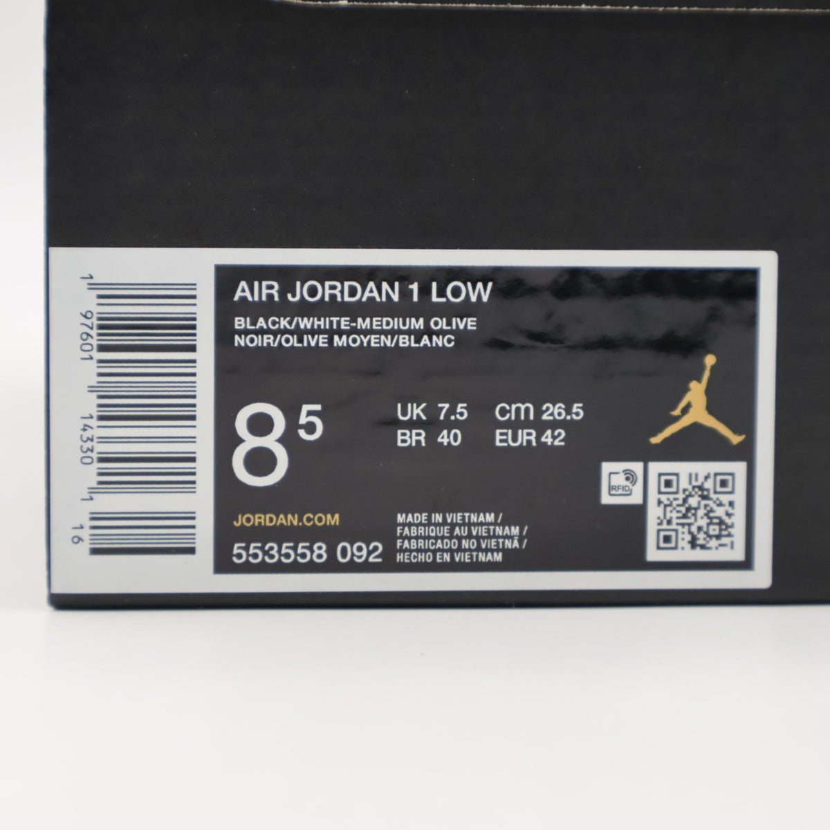 553558-092 Nike Air Jordan 1 Low Black Medium Olive White (Men's)