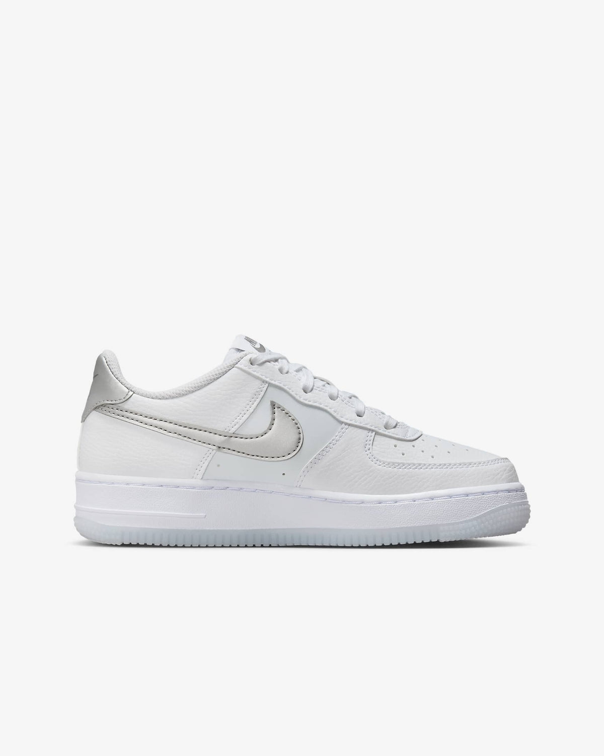 FV3981-100 Nike GS Air Force 1 White Pure Platinum Football Grey Metallic Silver
