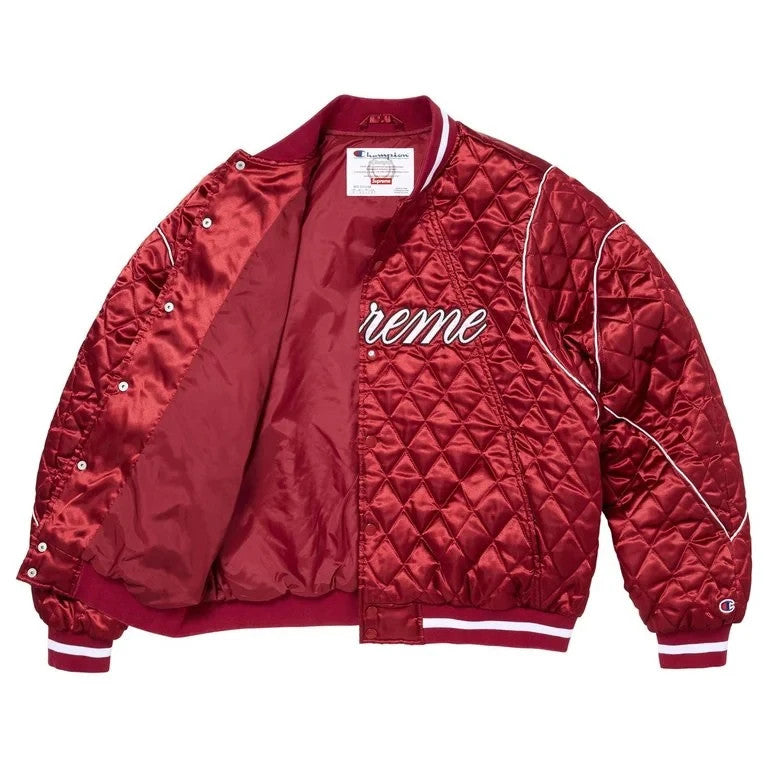 Supreme x Champion Quilted Satin Varsity Jacket Dark Red