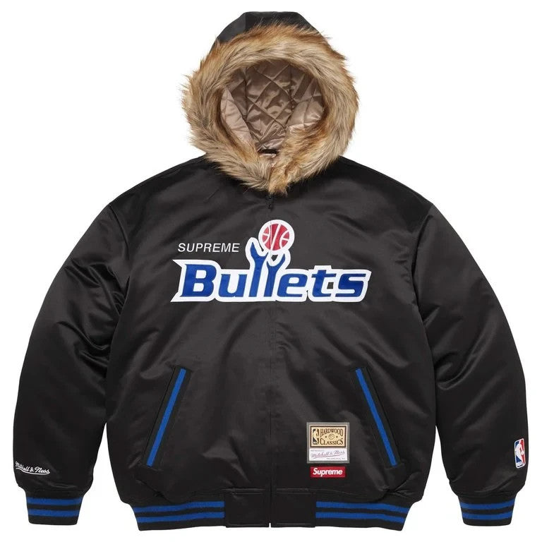 Supreme Mitchell Ness Teams Hooded Satin Varsity Jacket Black