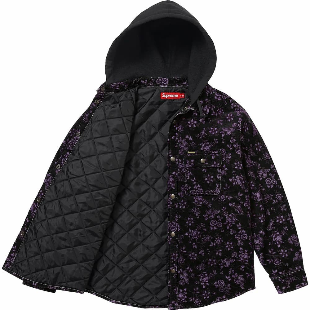 Supreme Quilted Lined Hooded Velvet Snap Shirt Floral