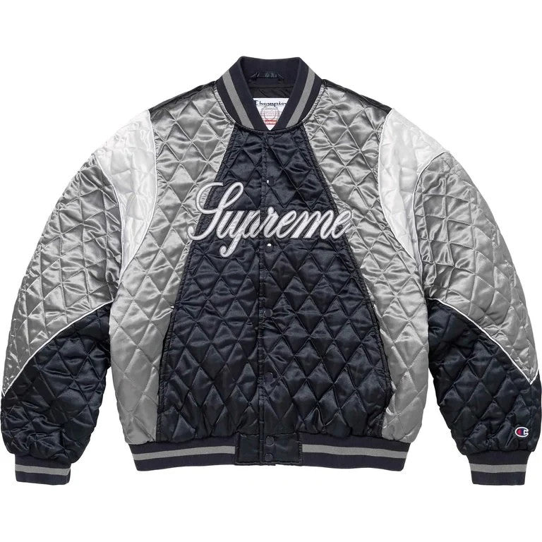 Supreme x Champion Quilted Satin Varsity Jacket Navy