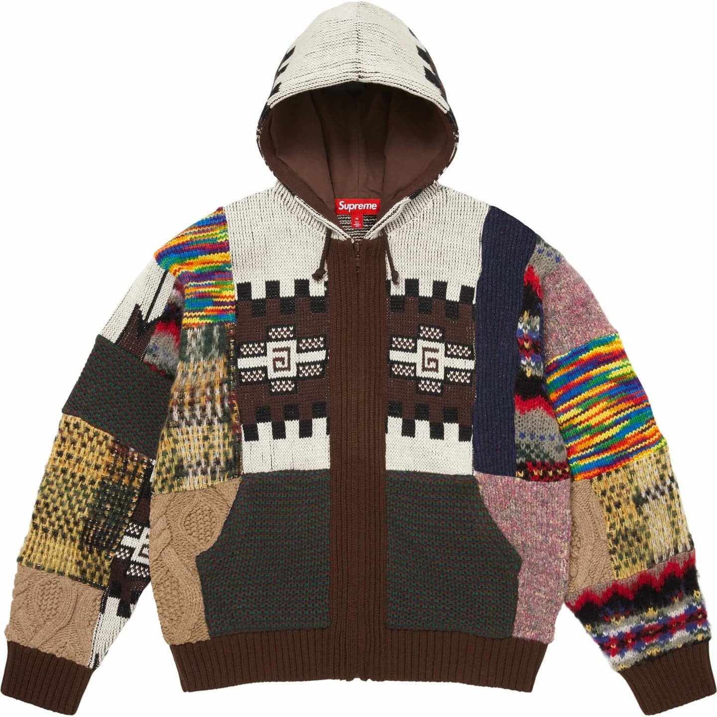 Supreme Patchwork Zip Up Hooded Sweater Brown