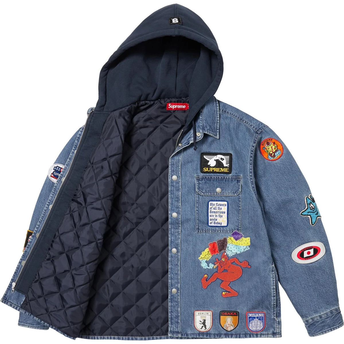 Supreme Patches Hooded Zip Up Shirt Denim