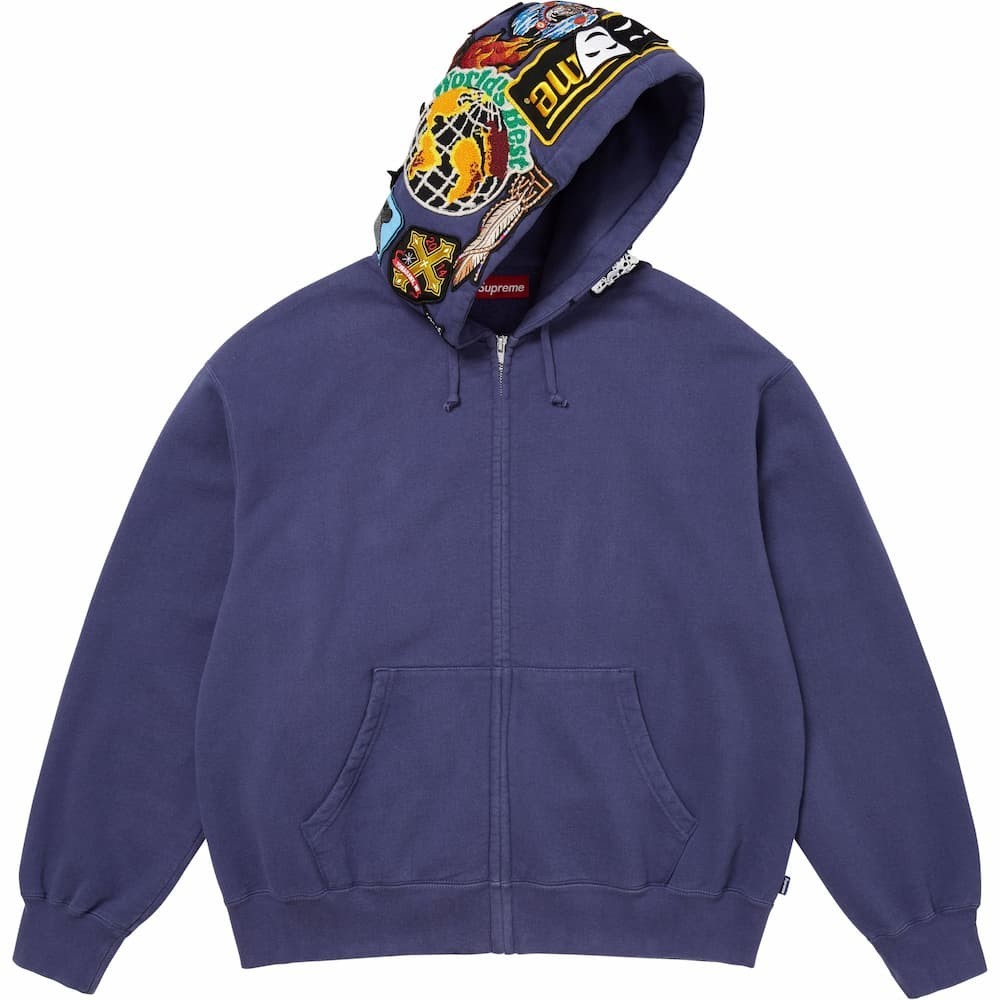 Supreme Patches Zip Up Hooded Sweatshirt Washed Navy