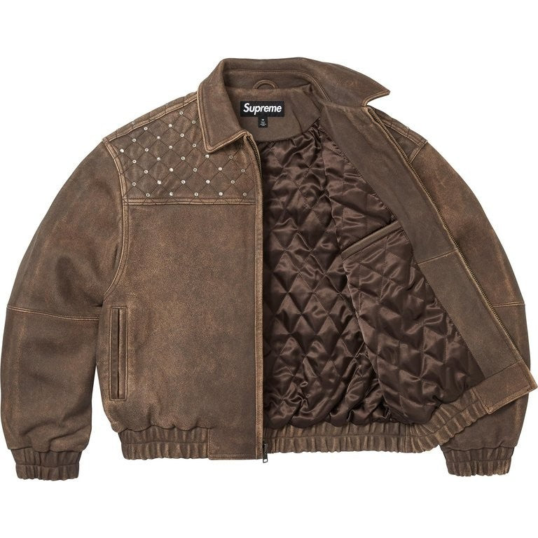 Supreme Swarovski Studded Quilted Leather Jacket Brown