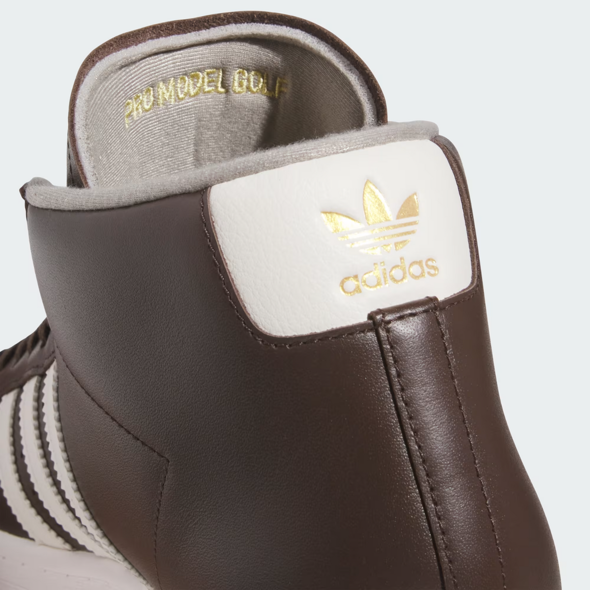 JP9889 adidas Pro Model Midcut Spikeless Golf Dark Brown/Chalk White/Gold (Men's
