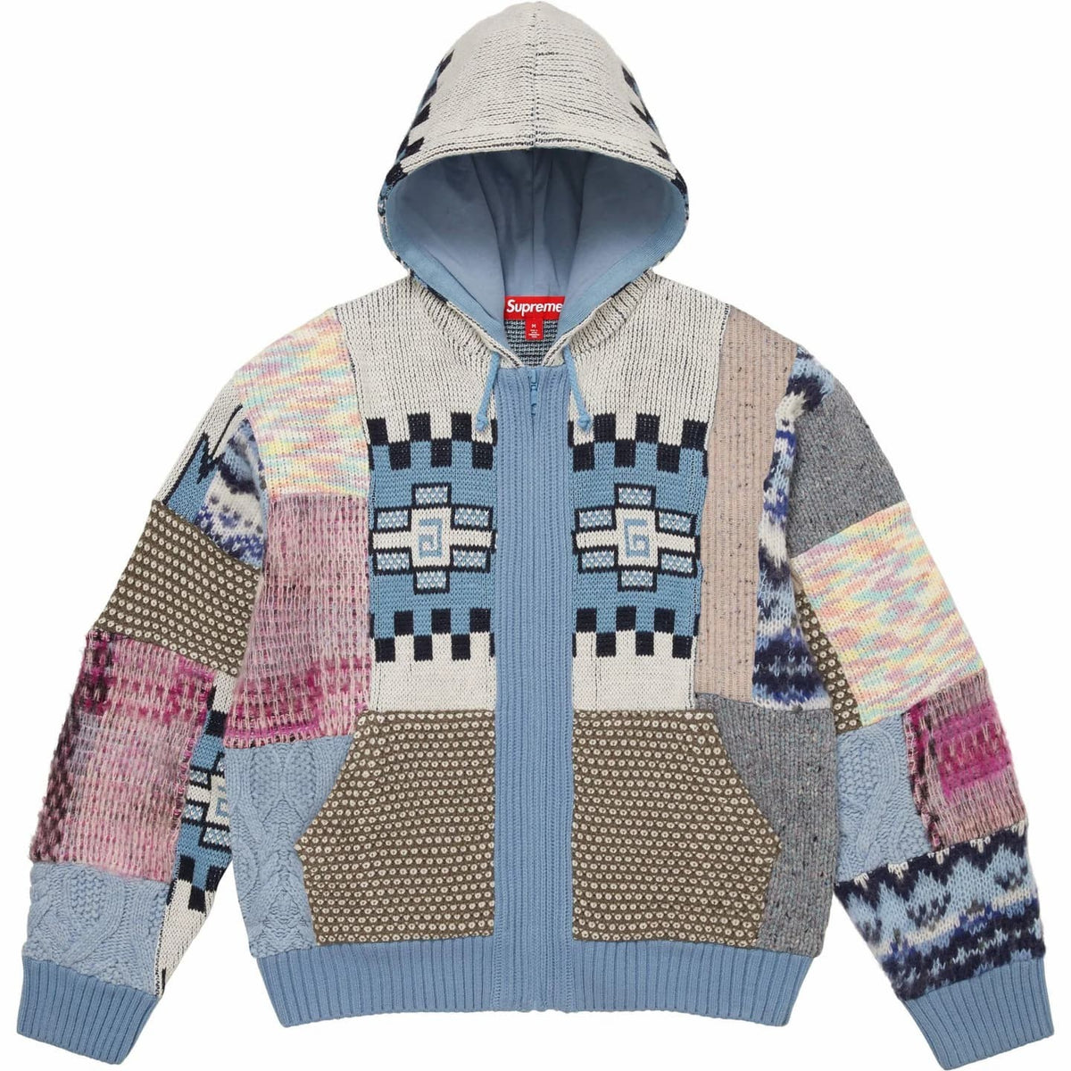 Supreme Patchwork Zip Up Hooded Sweater Light Blue