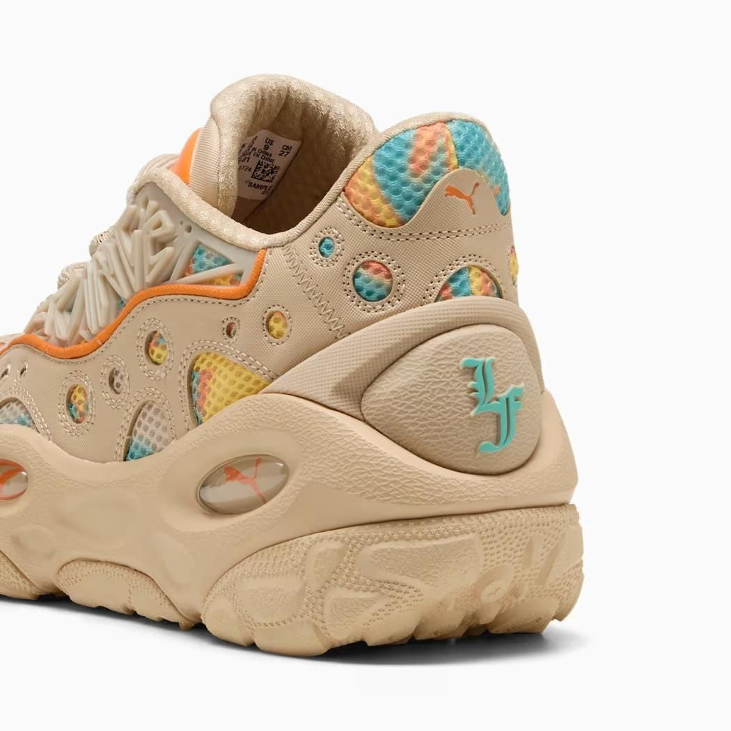 312165-01 LaMelo Ball Ã Puma La France RNR Light Sand Orange Glo Aquatic (Men's)