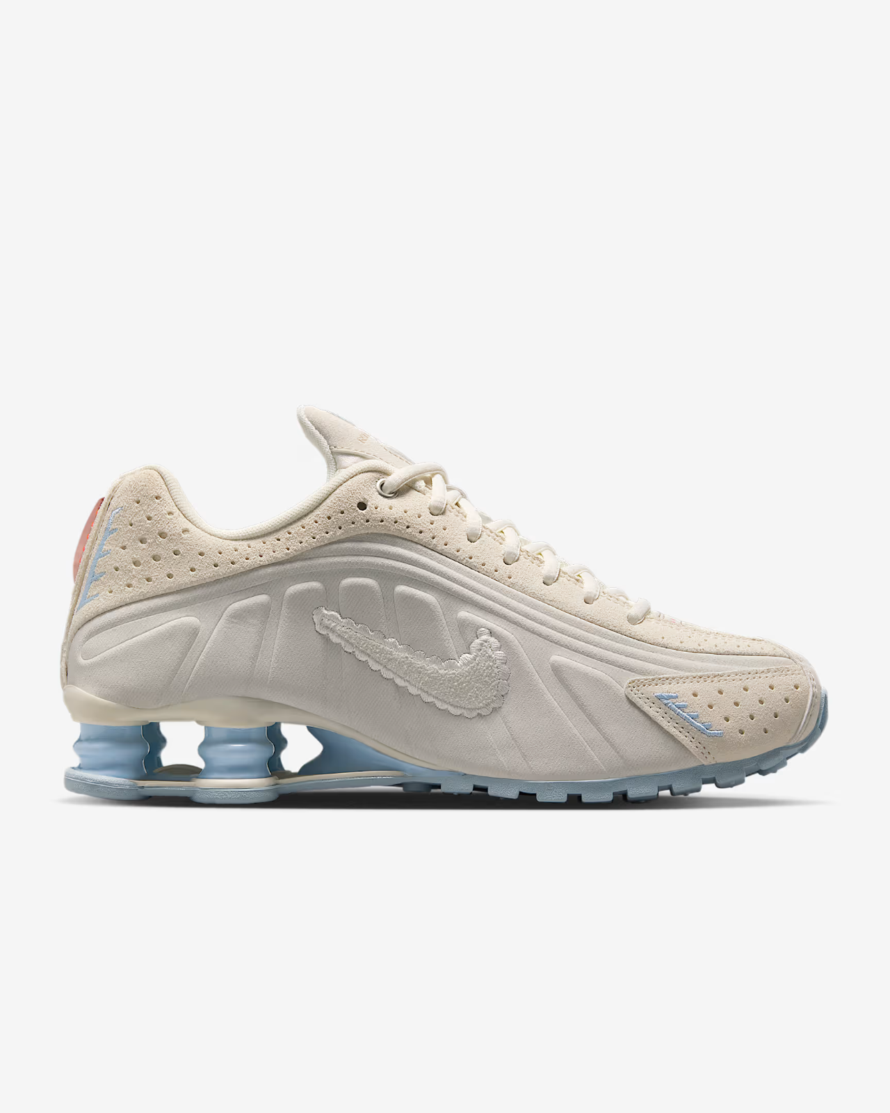 IH3572-110 Nike Shox R4 Pale Ivory Light Orewood Brown Celestine Blue (Women's)