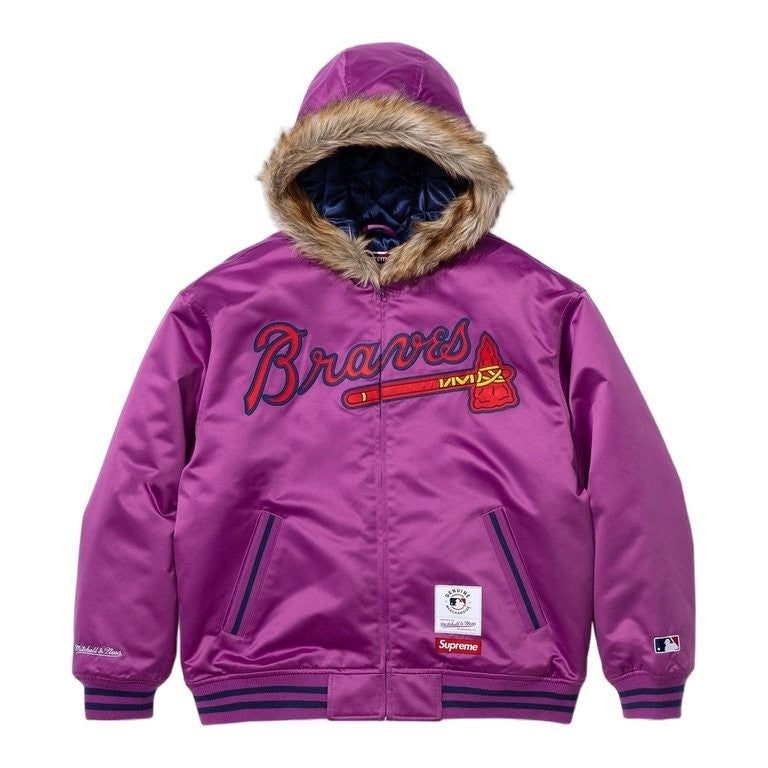 Supreme Mitchell Ness Teams Hooded Satin Varsity Jacket Purple