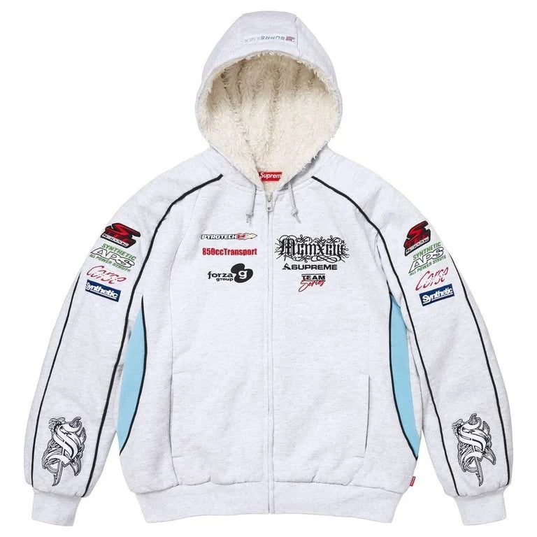 Supreme Racing Lined Zip Up Hooded Sweatshirt Ash Grey