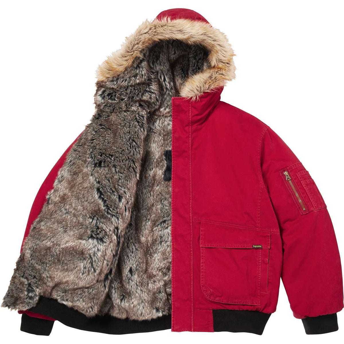 Supreme Reversible Faux Fur Hooded Work Jacket Red