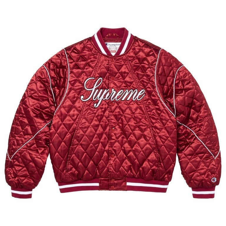 Supreme x Champion Quilted Satin Varsity Jacket Dark Red