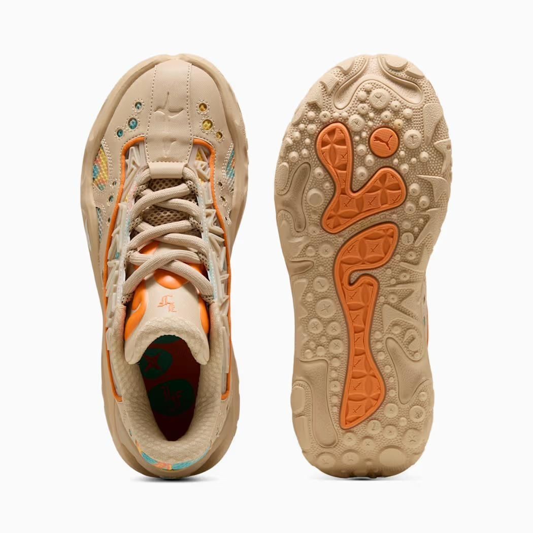 312165-01 LaMelo Ball Ã Puma La France RNR Light Sand Orange Glo Aquatic (Men's)