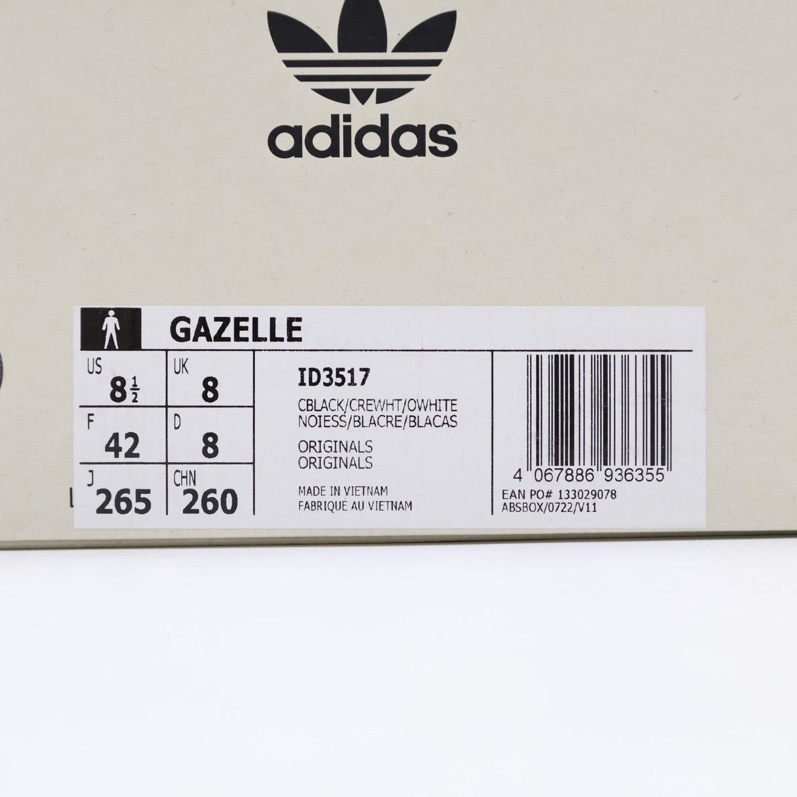 ID3517 FOOT INDUSTRY adidas Originals Gazelle Core Black Cream White (Men's)