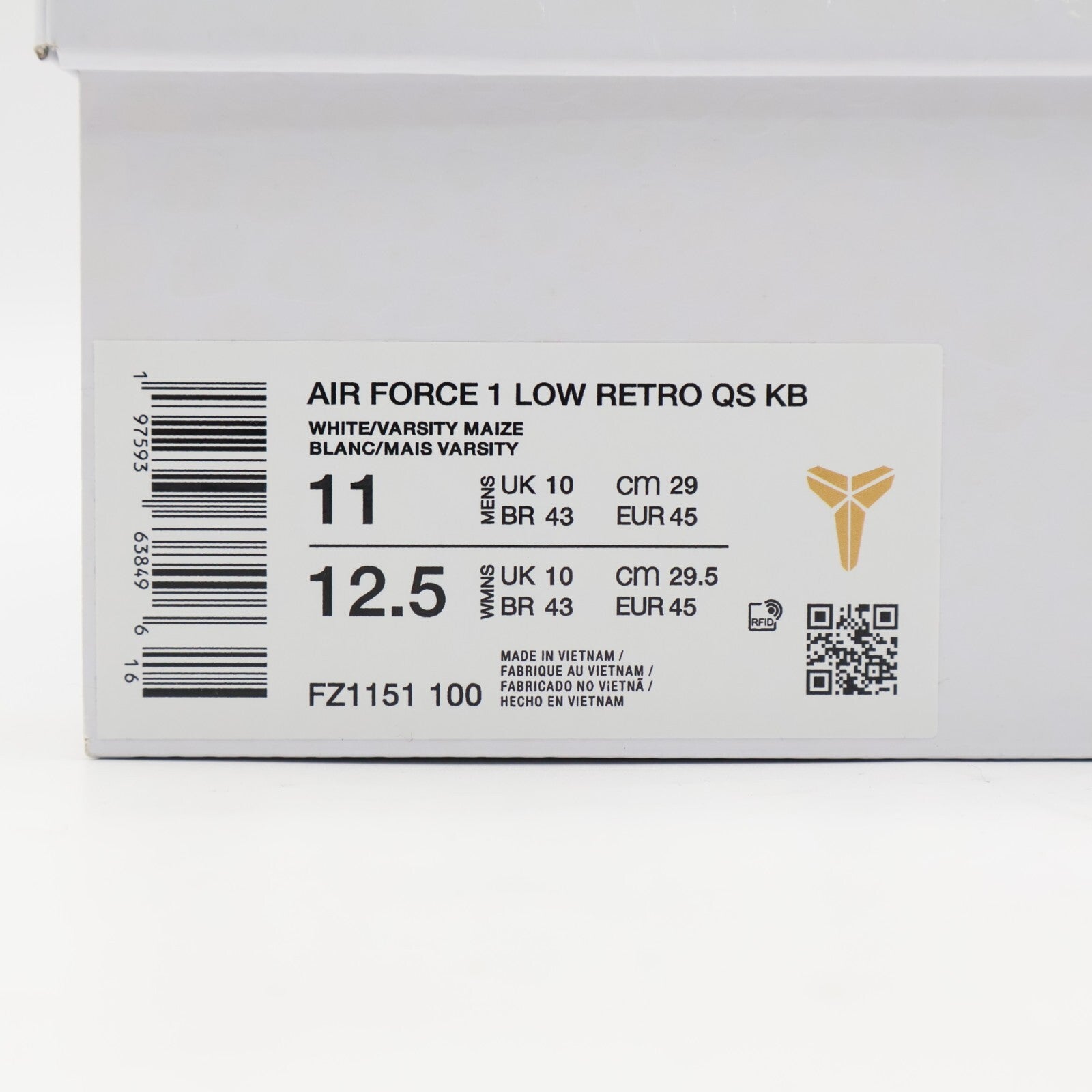 FZ1151-100 Kobe Bryant Nike Air Force 1 Low Retro QS Varsity Maize (Men's)
