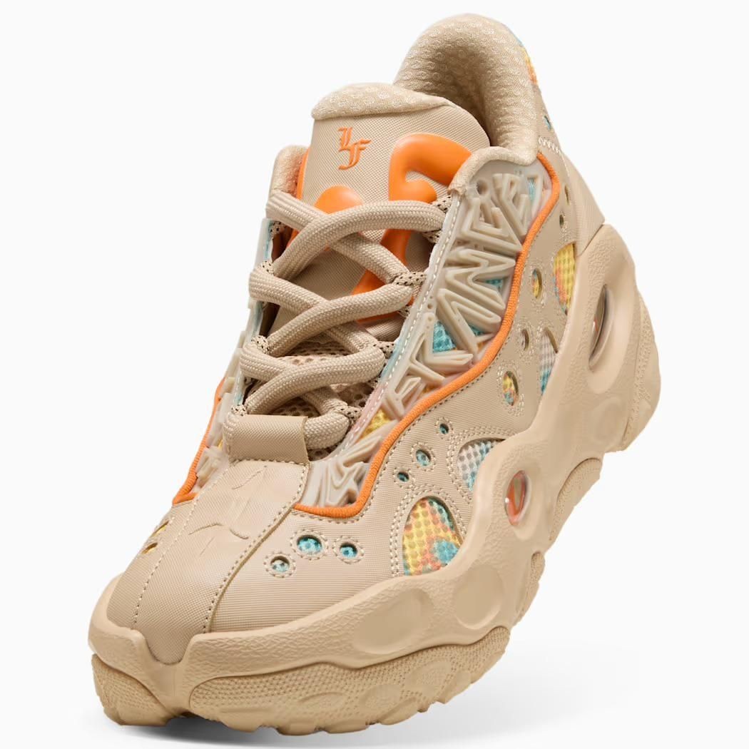 312165-01 LaMelo Ball Ã Puma La France RNR Light Sand Orange Glo Aquatic (Men's)