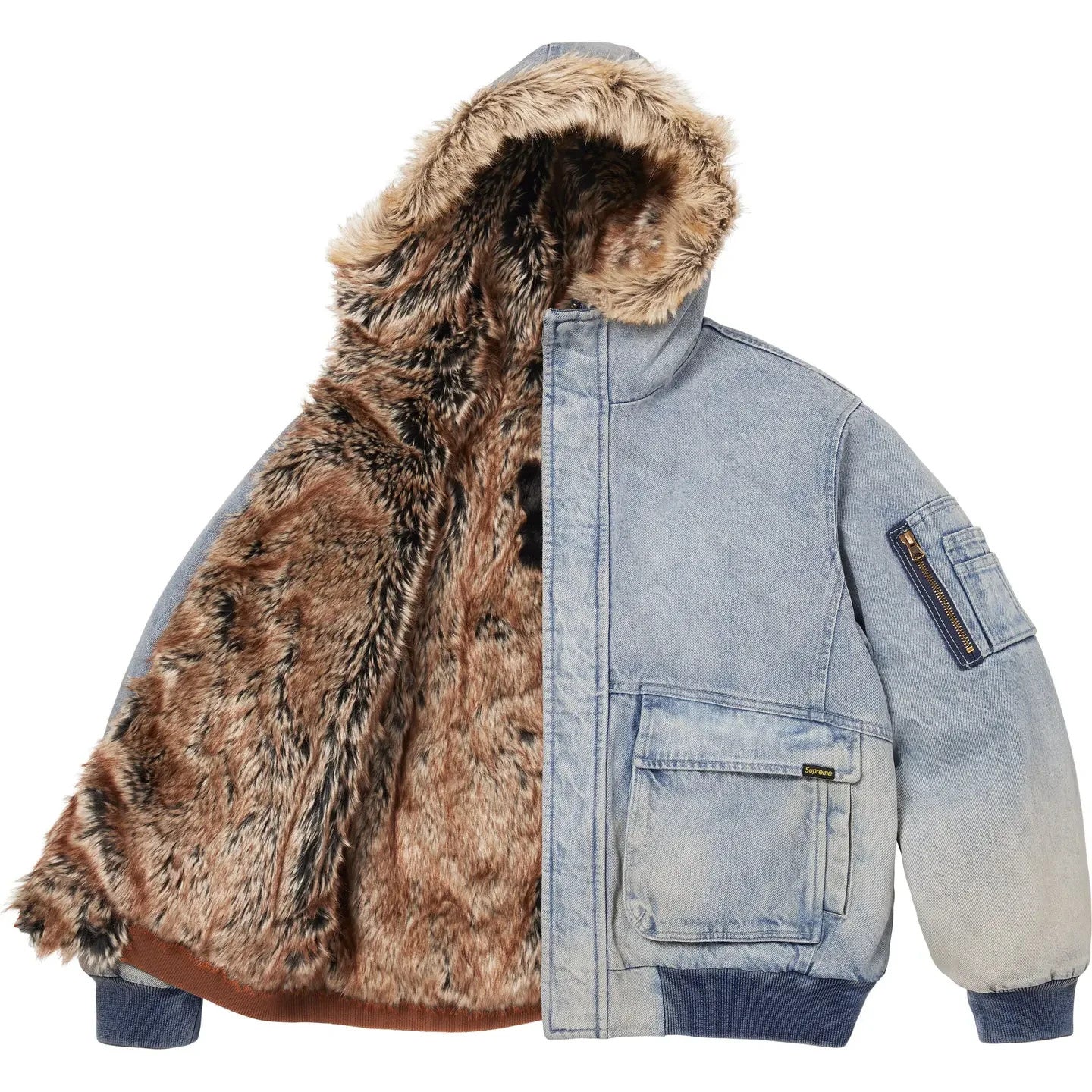 Supreme Reversible Faux Fur Hooded Work Jacket Denim