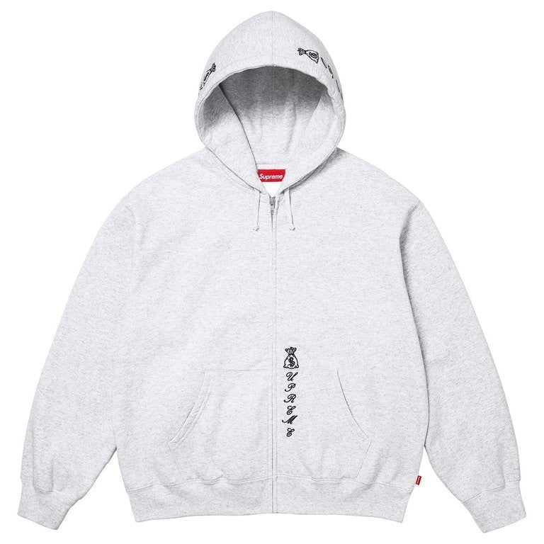 Supreme God Over Money Zip Up Hooded Sweatshirt Ash Grey