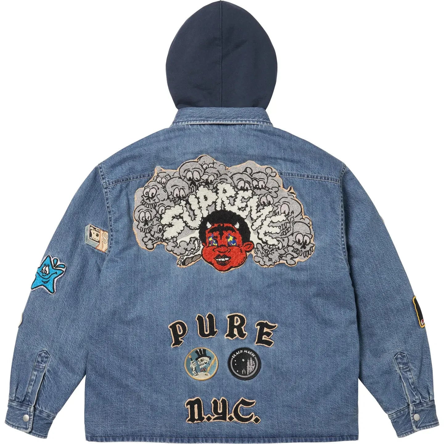 Supreme Patches Hooded Zip Up Shirt Denim