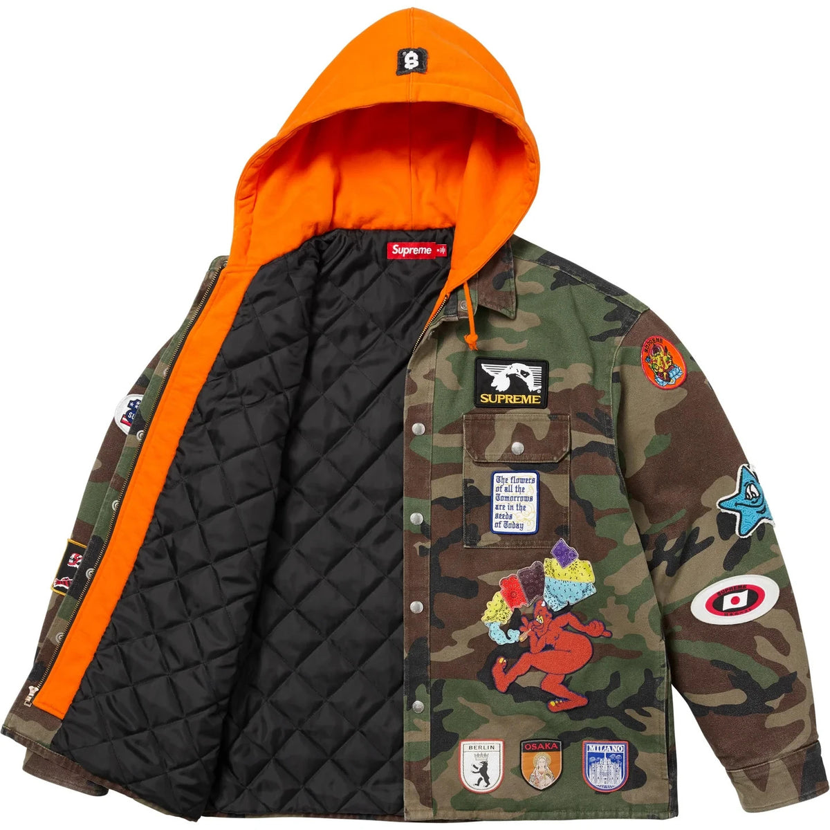 Supreme Patches Hooded Zip Up Shirt Woodland Camo