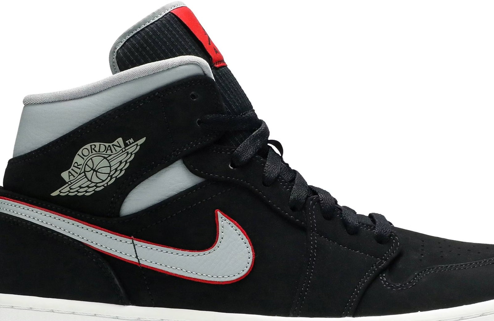 554724-060 Nike Air Jordan 1 Mid "Black Particle Grey Gym Red" (Men's)