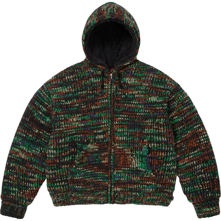 Supreme Faux Shearling Lined Zip Up Hooded Sweater Green Melange