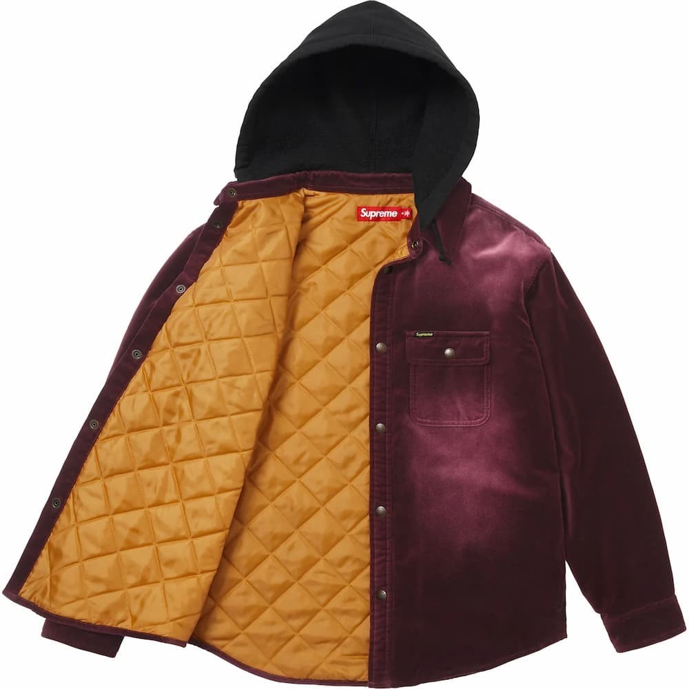 Supreme Quilted Lined Hooded Velvet Snap Shirt Plum