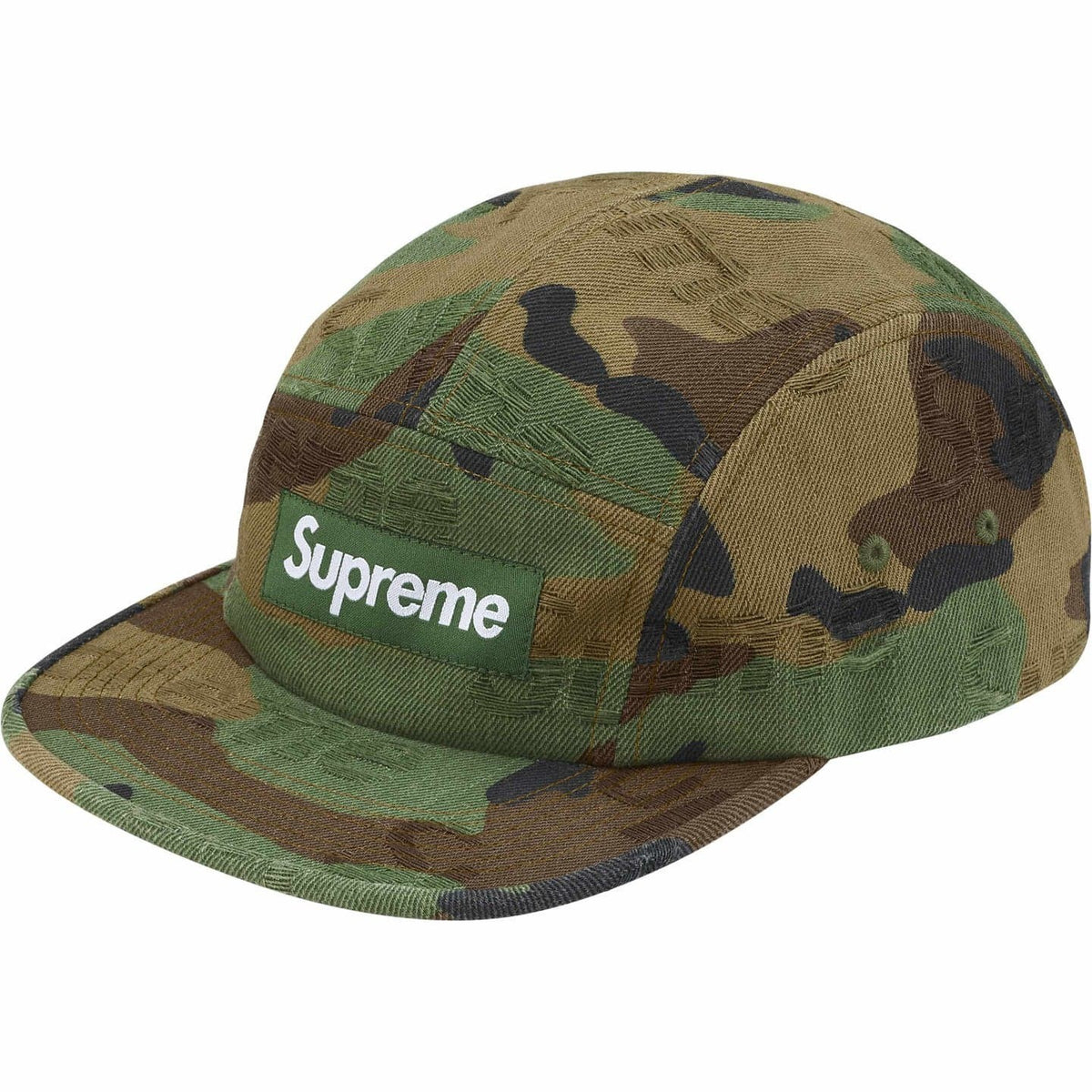 Supreme Jacquard Logos Denim Camp Cap Woodland Camo