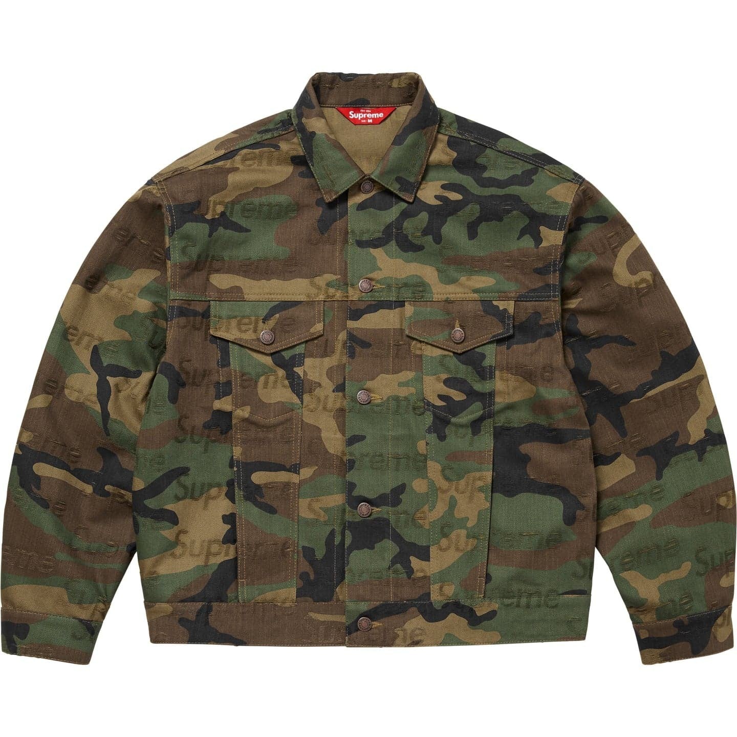 Supreme Jacquard Logos Denim Trucker Jacket Woodland Camo