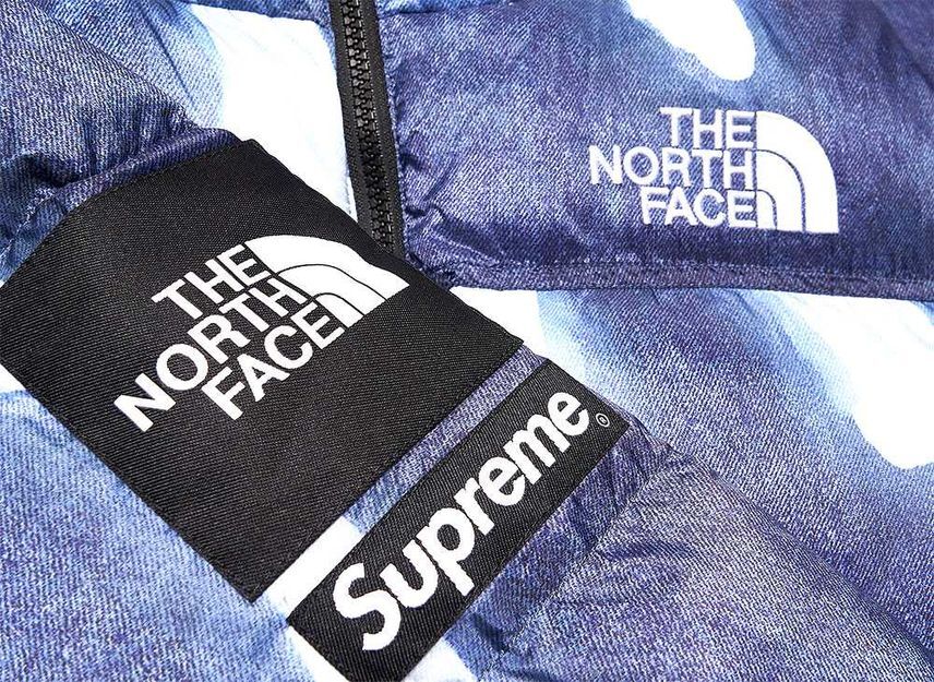 Supreme The North Face Bleached Denim Print Nuptse Jacket Indigo