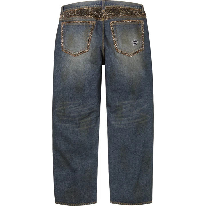 Supreme Leopard Faux Fur Loose Fit Jean Washed Indigo