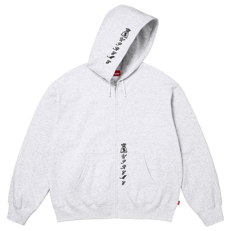 Supreme God Over Money Zip Up Hooded Sweatshirt Ash Grey