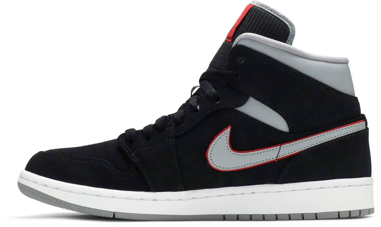 554724-060 Nike Air Jordan 1 Mid "Black Particle Grey Gym Red" (Men's)