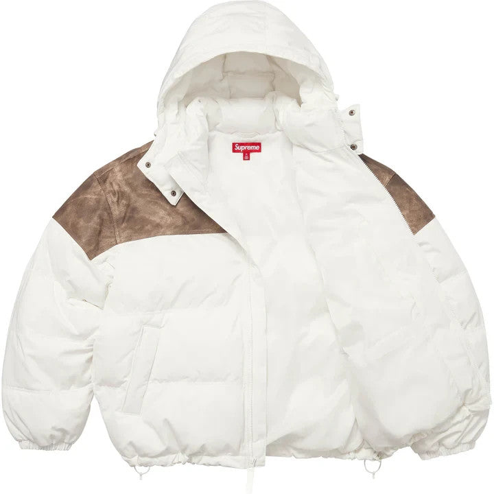 Supreme Leather Yoke Puffer Jacket White