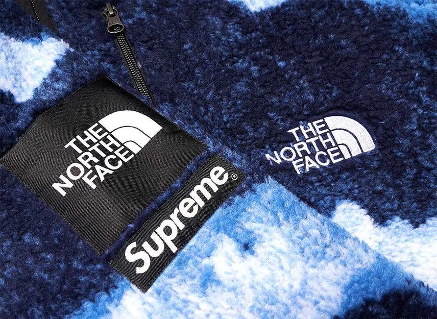 Supreme The North Face Bleached Denim Print Fleece Jacket Indigo