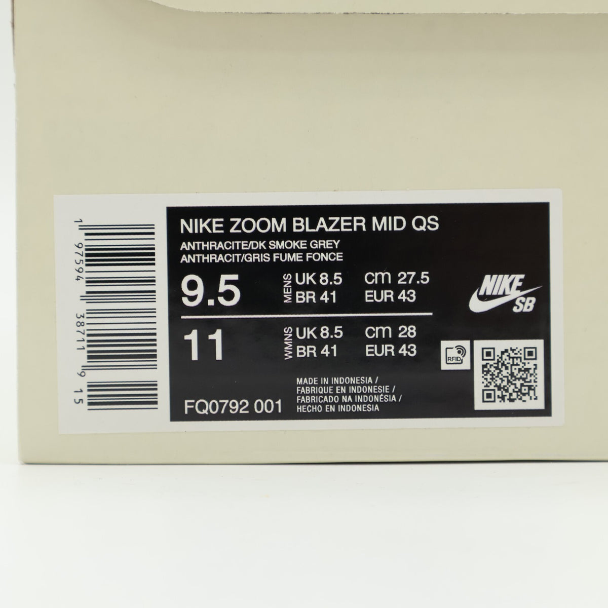 FQ0792-001 Diâorr Greenwood Nike SB Zoom Blazer Mid QS Dark Grey (Men's)