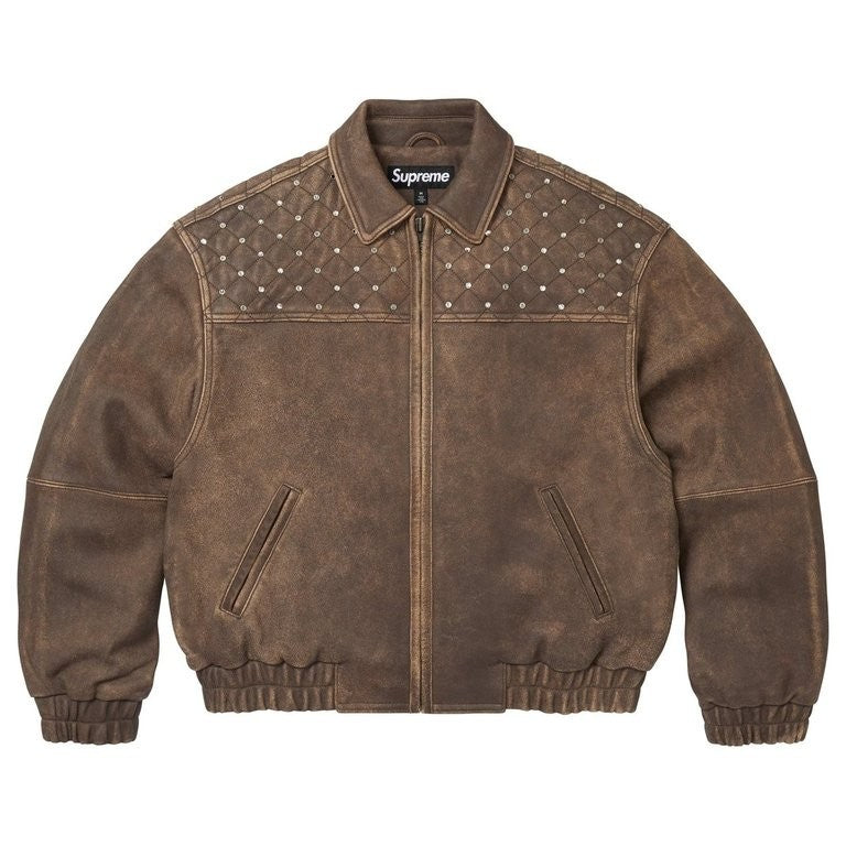 Supreme Swarovski Studded Quilted Leather Jacket Brown