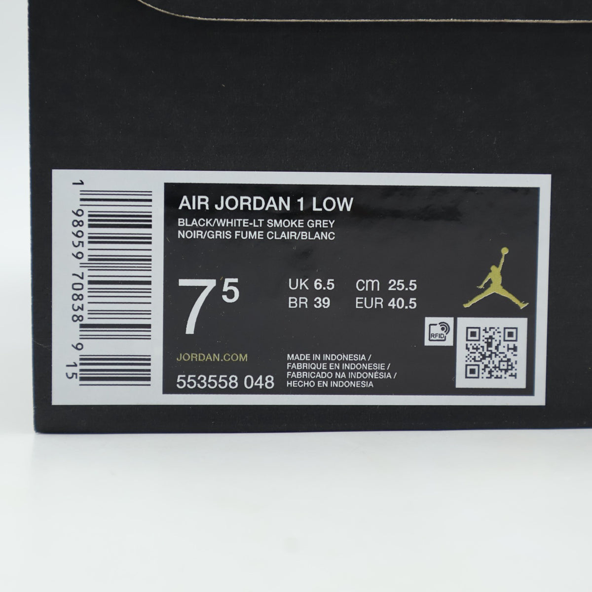 553558-048 Nike Air Jordan 1 Low "Black/Light Smoke Grey/White" (Men's)